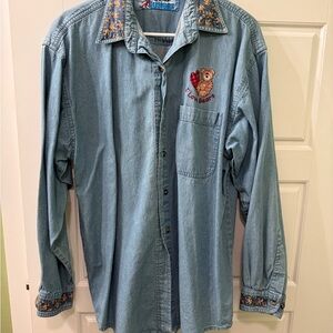 Vintage Grandma Denim Button Down Shirt with Embroidered Bear Design